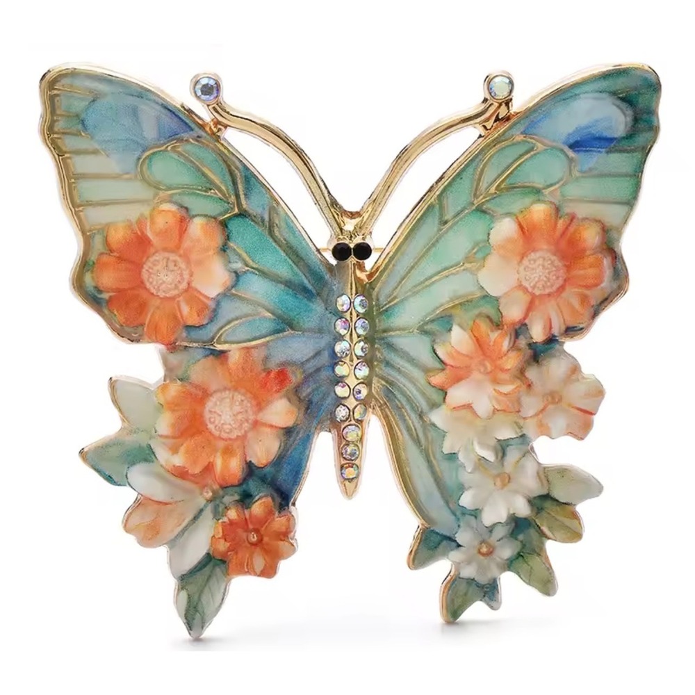 Vintage Style Enamel Butterfly Brooch Pin Floral Rhinestone‎ Gold Tone Women